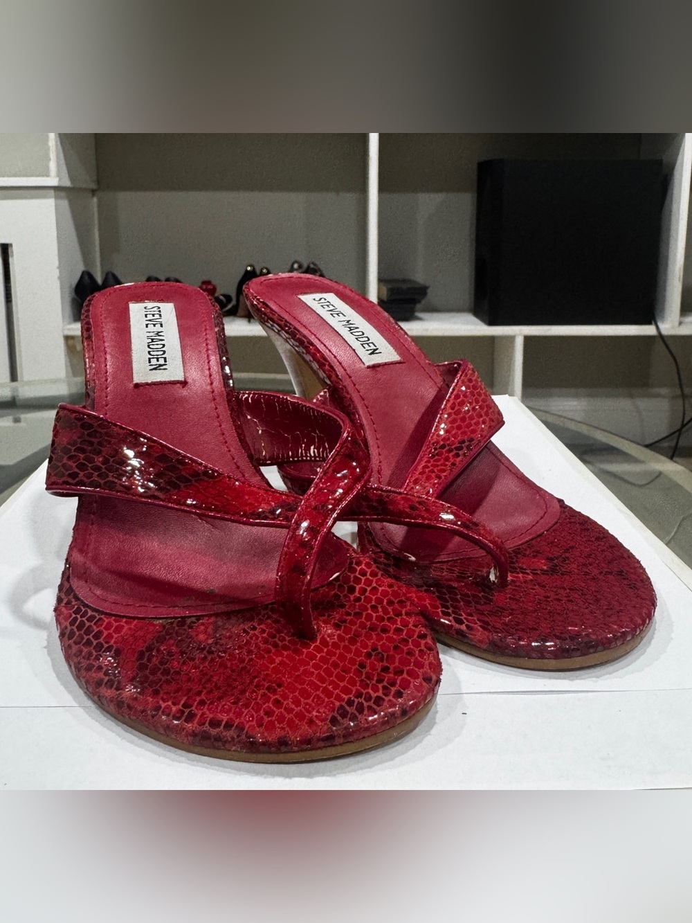 Steve Madden Red Snake-Print Crisscross Heeled Slides